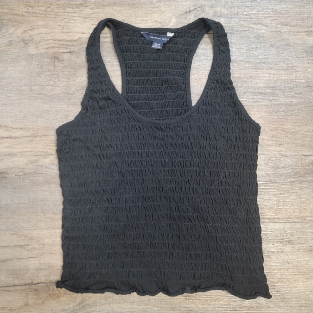 American Eagle Smocked Racerback Cropped Tank Top Black Women's Size Small